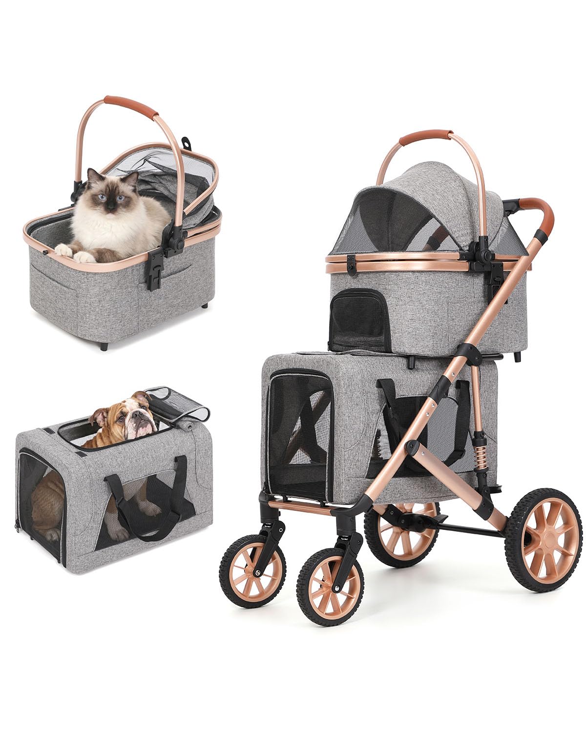 Aluminum frame pet stroller with detachable carrier and large rubber wheels – view 2