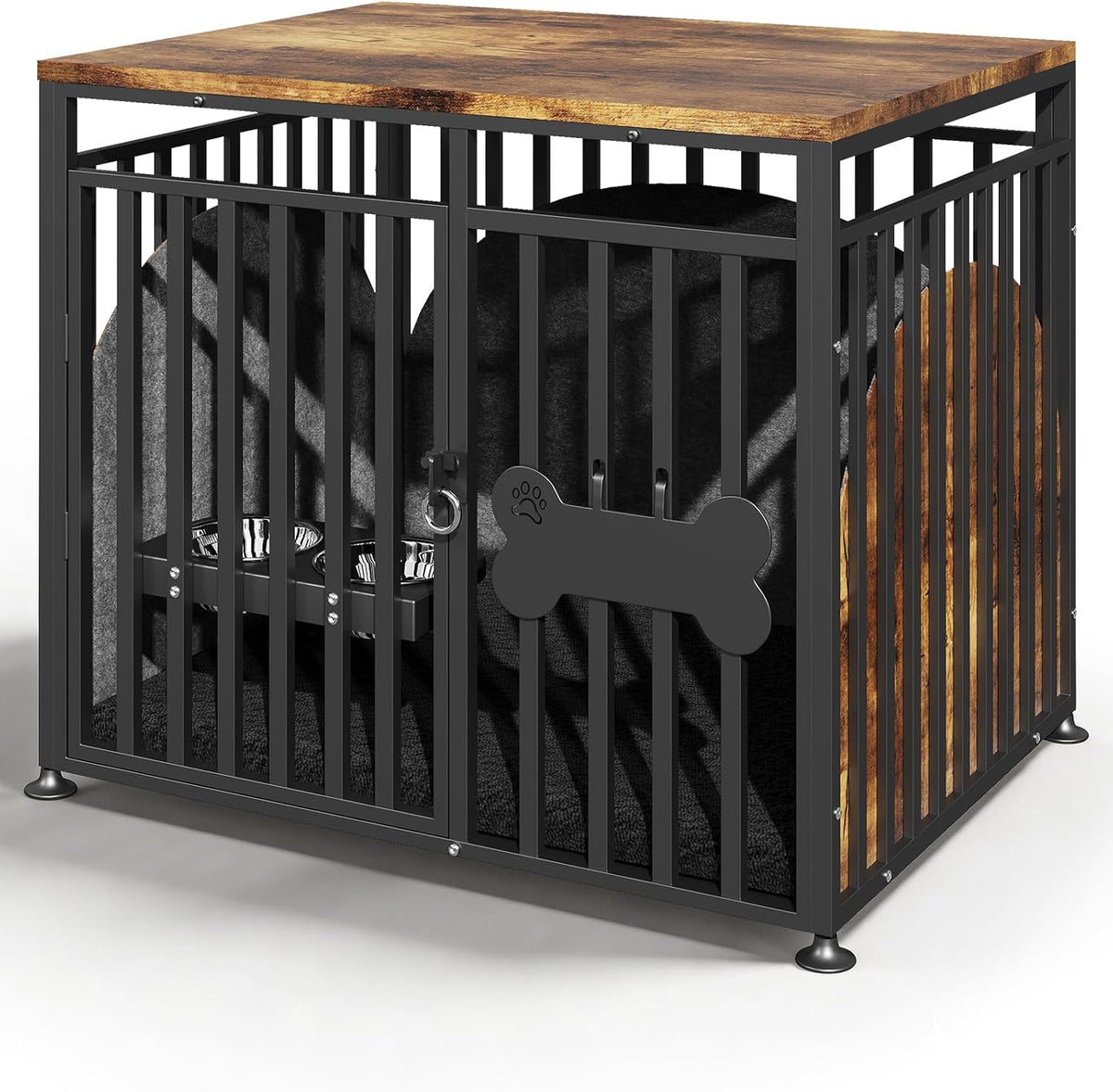 Walnut finish furniture-style wooden dog crate with enclosed den design in a living room