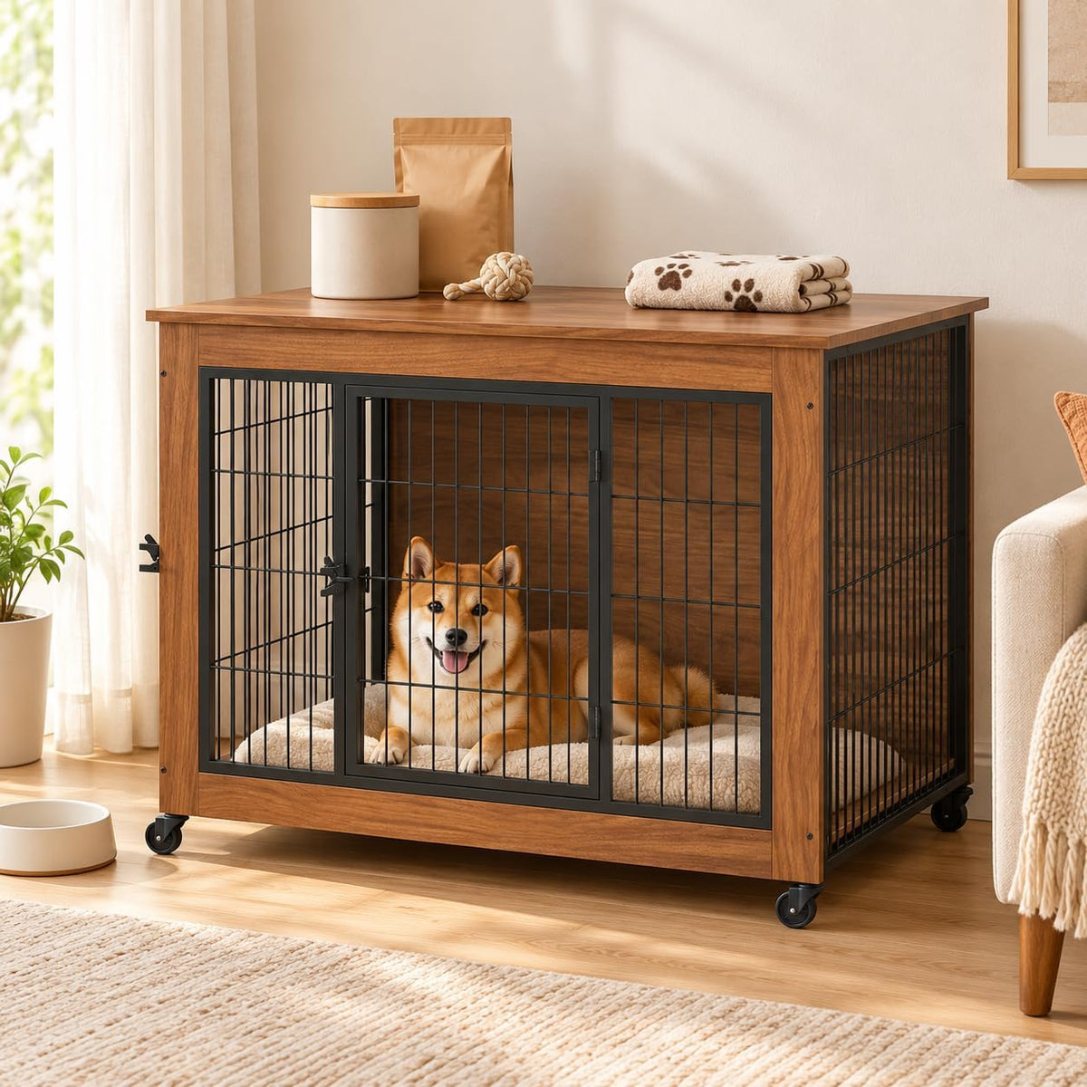 Wood and metal dog crate end table with double doors on lockable wheels