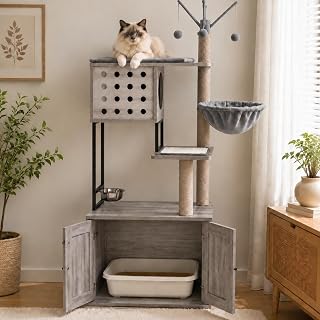64-Inch Cat Tree with Litter Box Enclosure, 2-in-1 Tower and Condo, Gray