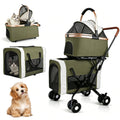 Green double pet stroller with detachable carriers and four wheels