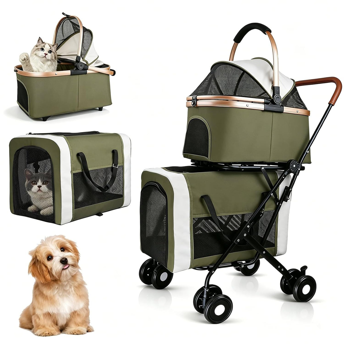 Green double pet stroller with detachable carriers and four wheels