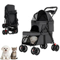 Black two-level foldable pet stroller with upper and lower compartments