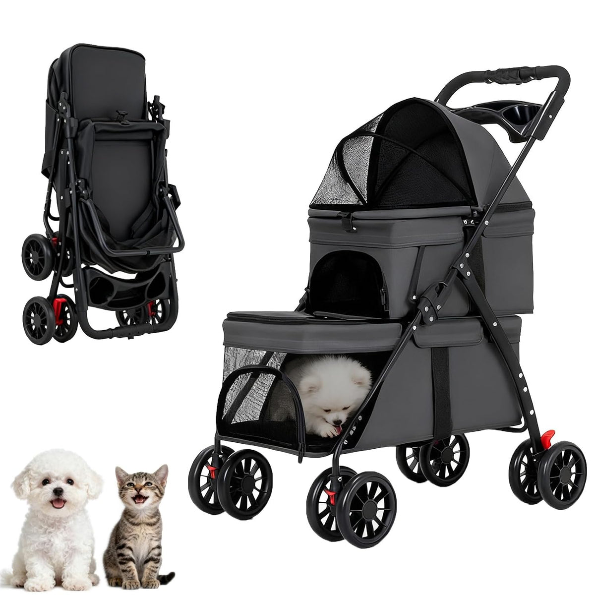 Khaki double-layer pet stroller with two compartments and cup holder – view 3