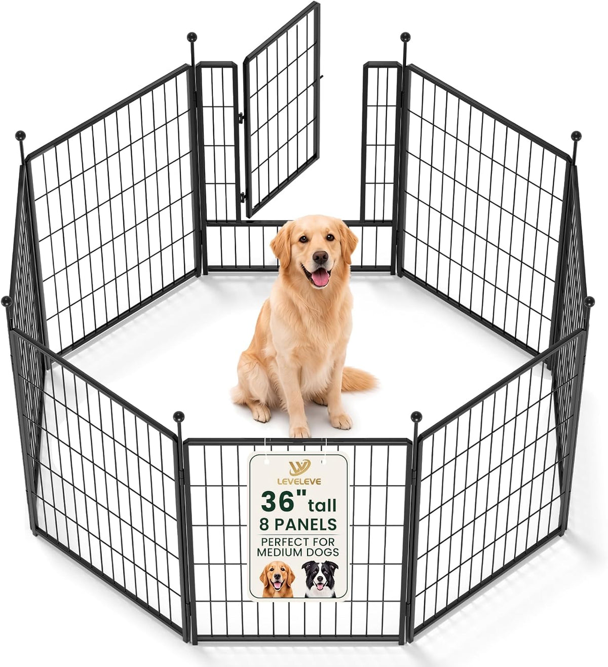 Black 24 inch metal dog playpen with ball-top posts on grass – view 3