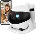 Small rolling robot pet camera next to its charging dock
