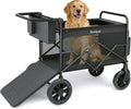 Black foldable dog wagon stroller with ramp and zip-open canopy