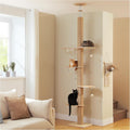 Beige floor-to-ceiling wooden cat tree with six tiers, three condos, ladder and hammock