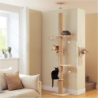 Floor to Ceiling Cat Tree, Adjustable Height 79-103 Inch, Wooden Cat Tower