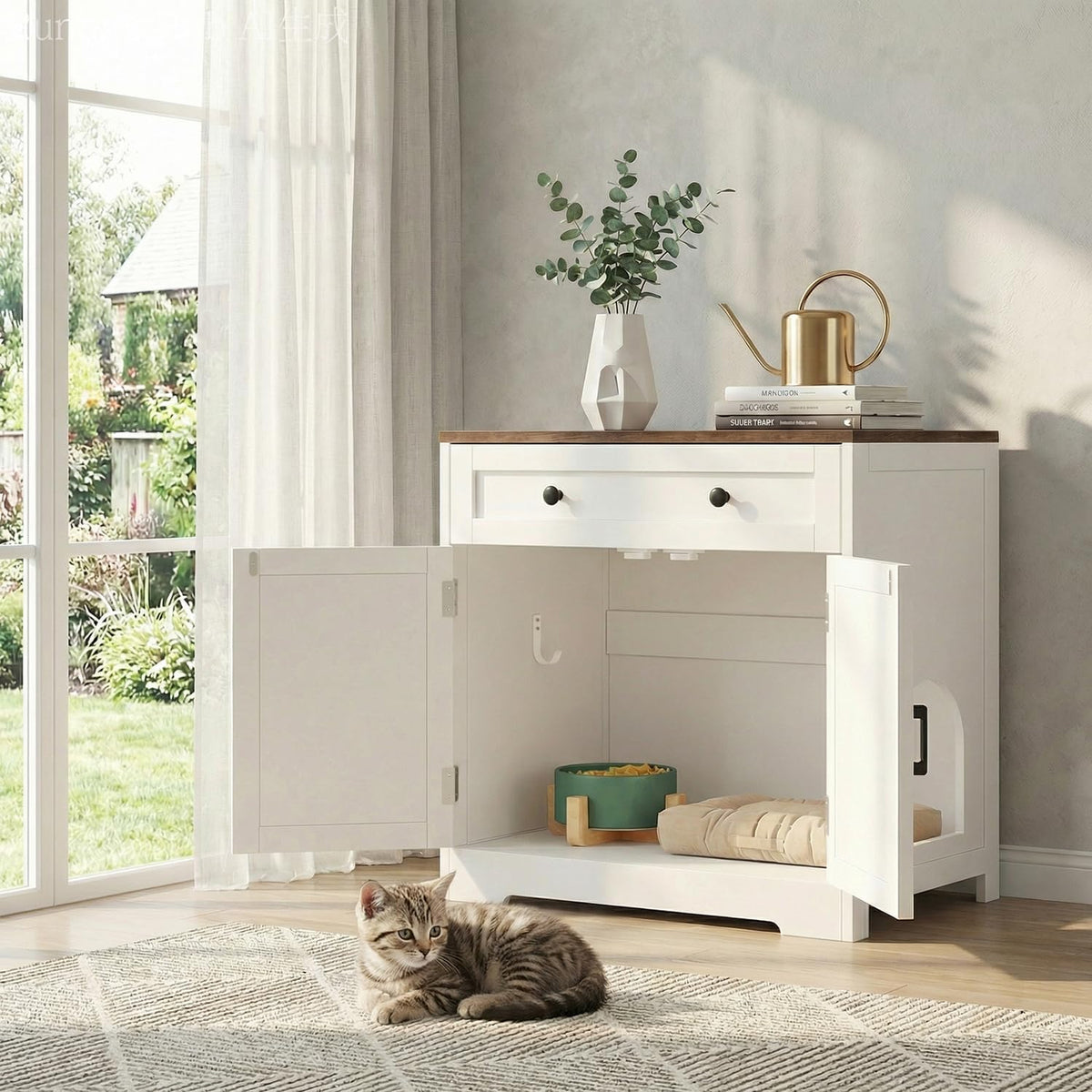 White farmhouse wooden litter box enclosure with storage drawers