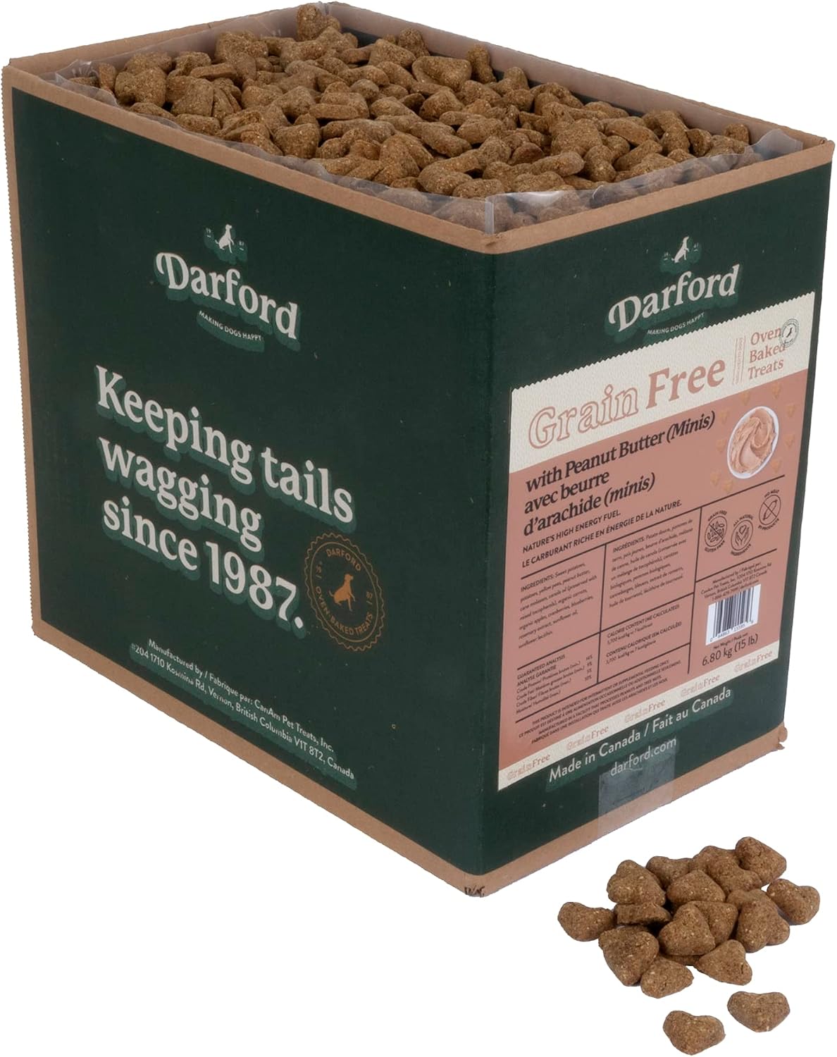 Box of grain free peanut butter and vegetable heart mini dog treats