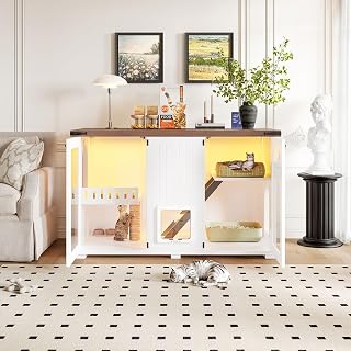 47.2 Inch Cat Litter Box Enclosure Furniture with 4-Mode Smart Door, LED Light, Acrylic Door and Scratching Post, White