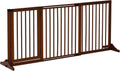 White three panel adjustable wooden pet gate with door in a hallway – view 2