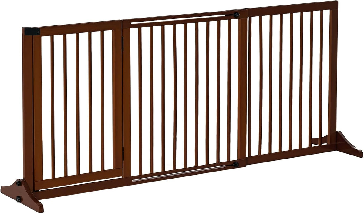 White three panel adjustable wooden pet gate with door in a hallway – view 2