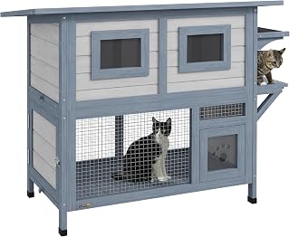 PawHut 2-Story Outdoor Cat House, Weatherproof Feral Cat Shelter with Asphalt Roof, Escape Door and Jump Platform, Light Gray