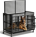 42 inch heavy-duty black metal dog crate on locking wheels