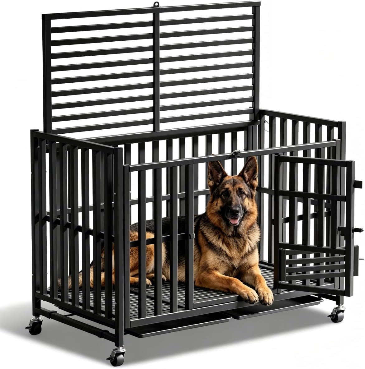 42 inch heavy-duty black metal dog crate on locking wheels