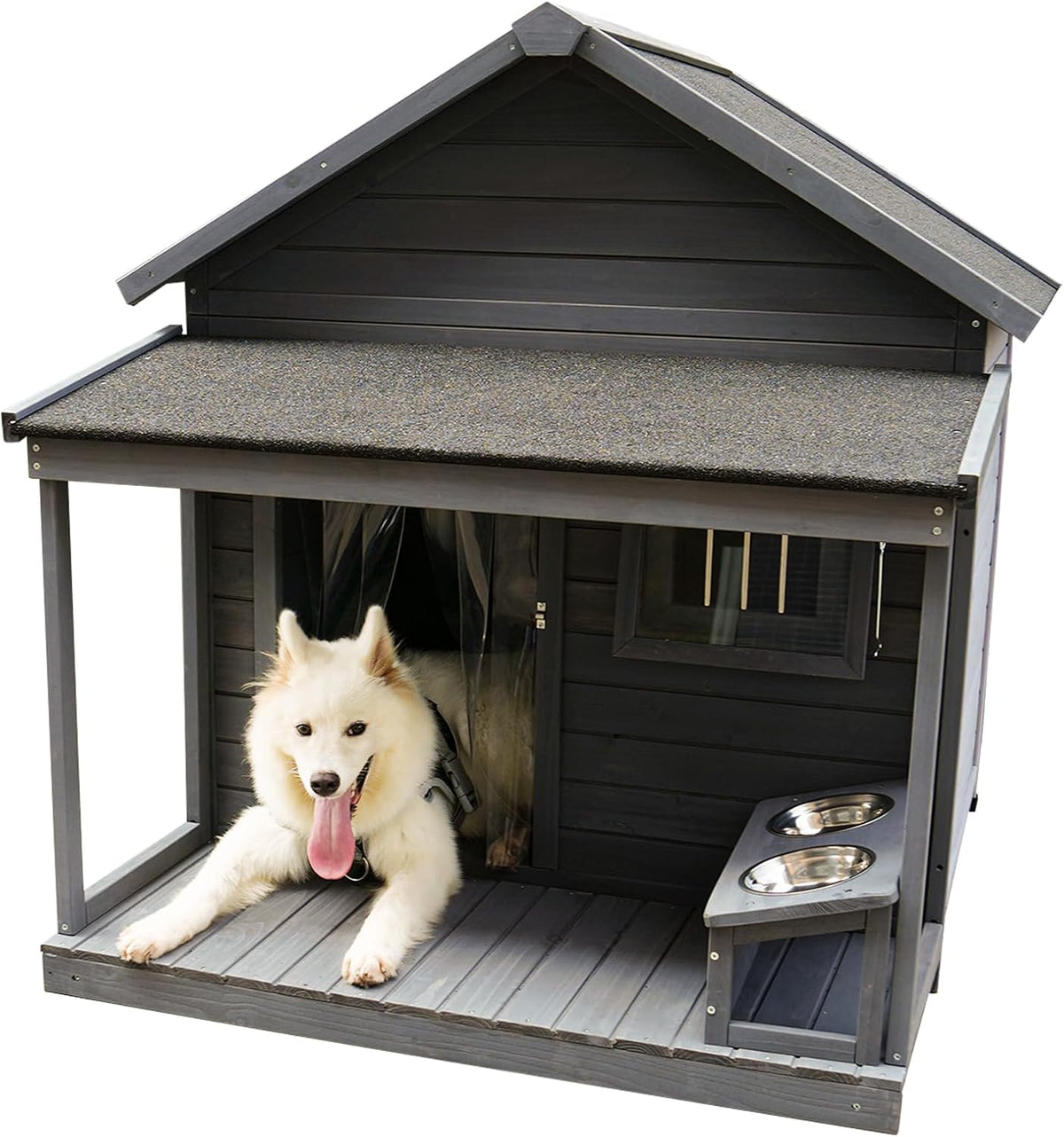 Wooden outdoor dog house with sloped asphalt roof and raised feet – view 4