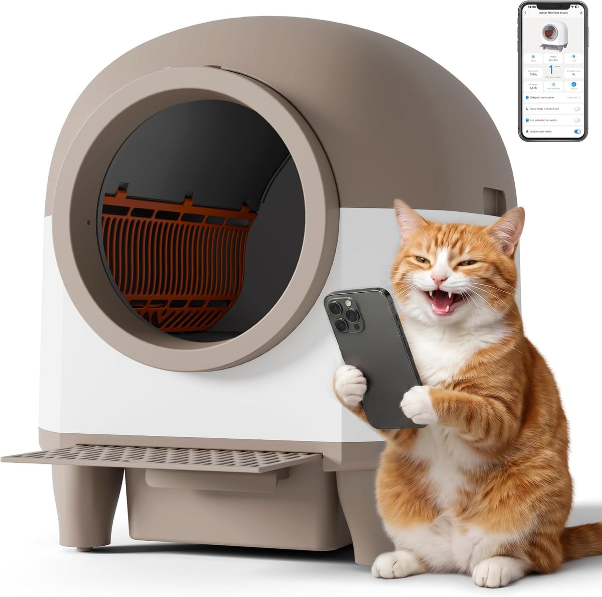 Brown enclosed self-cleaning cat litter box