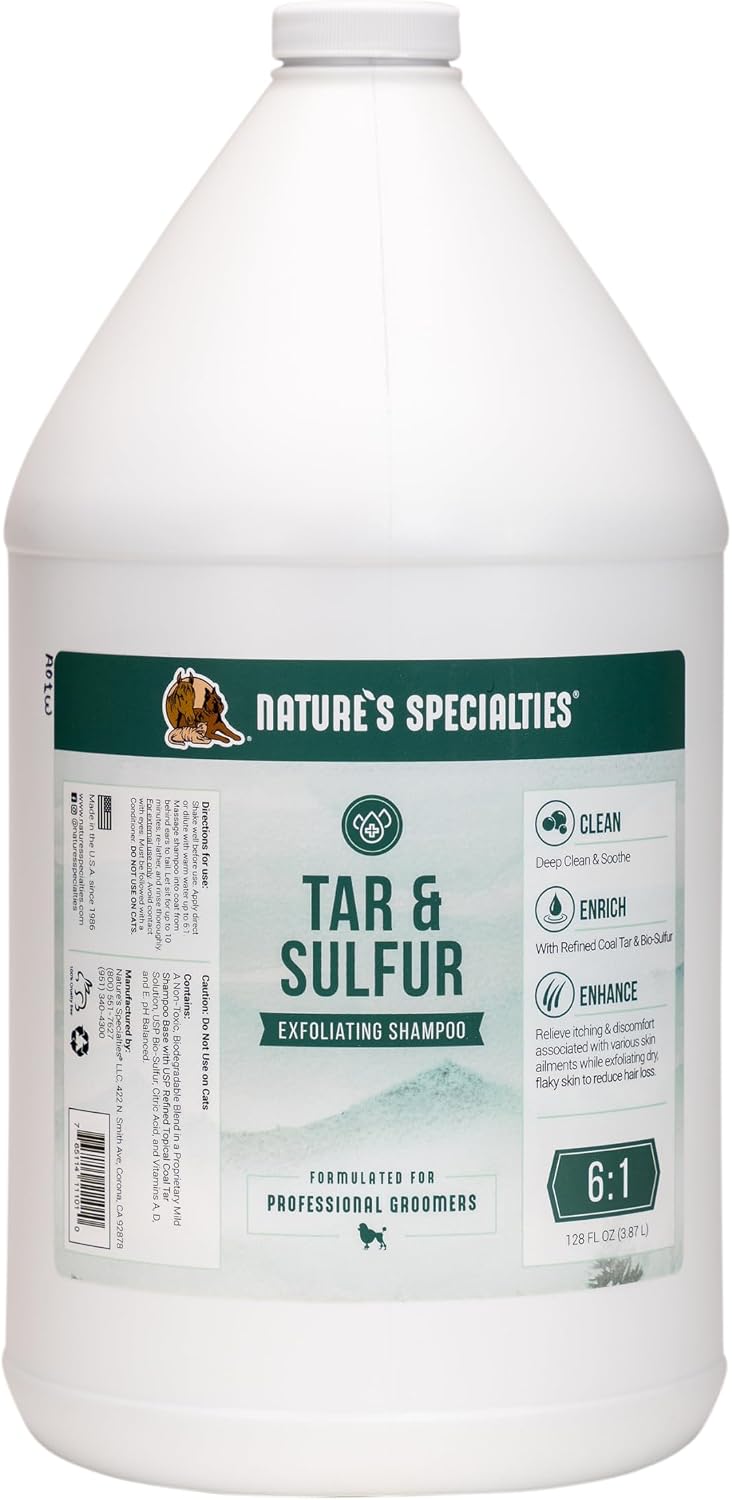 Gallon of tar and sulfur dog shampoo with aloe