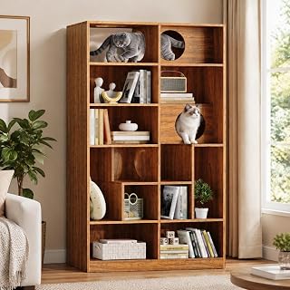 Wood Bookshelf Cat Litter Box Furniture Enclosure, Brown