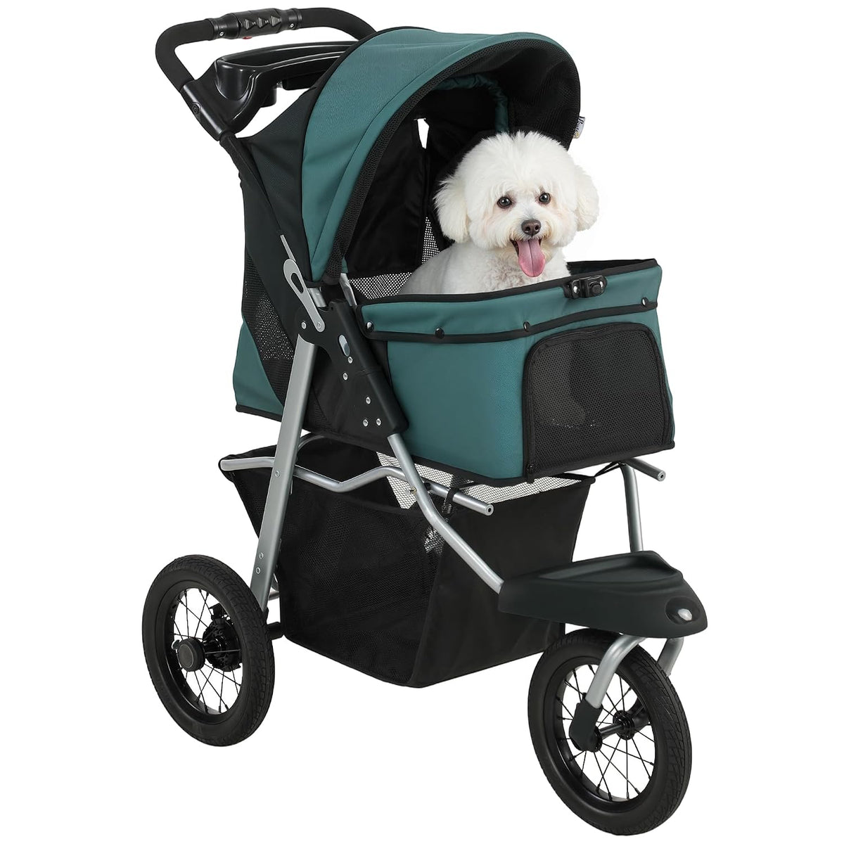 Light gray 3-wheel foldable small dog stroller with mesh window and rubber wheels – view 2