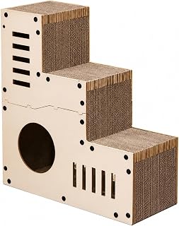 Corrugated Cardboard Cat Scratcher House, Freestanding Three-Level with Staircase