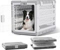 Light grey collapsible dog crate with handle and two wheels