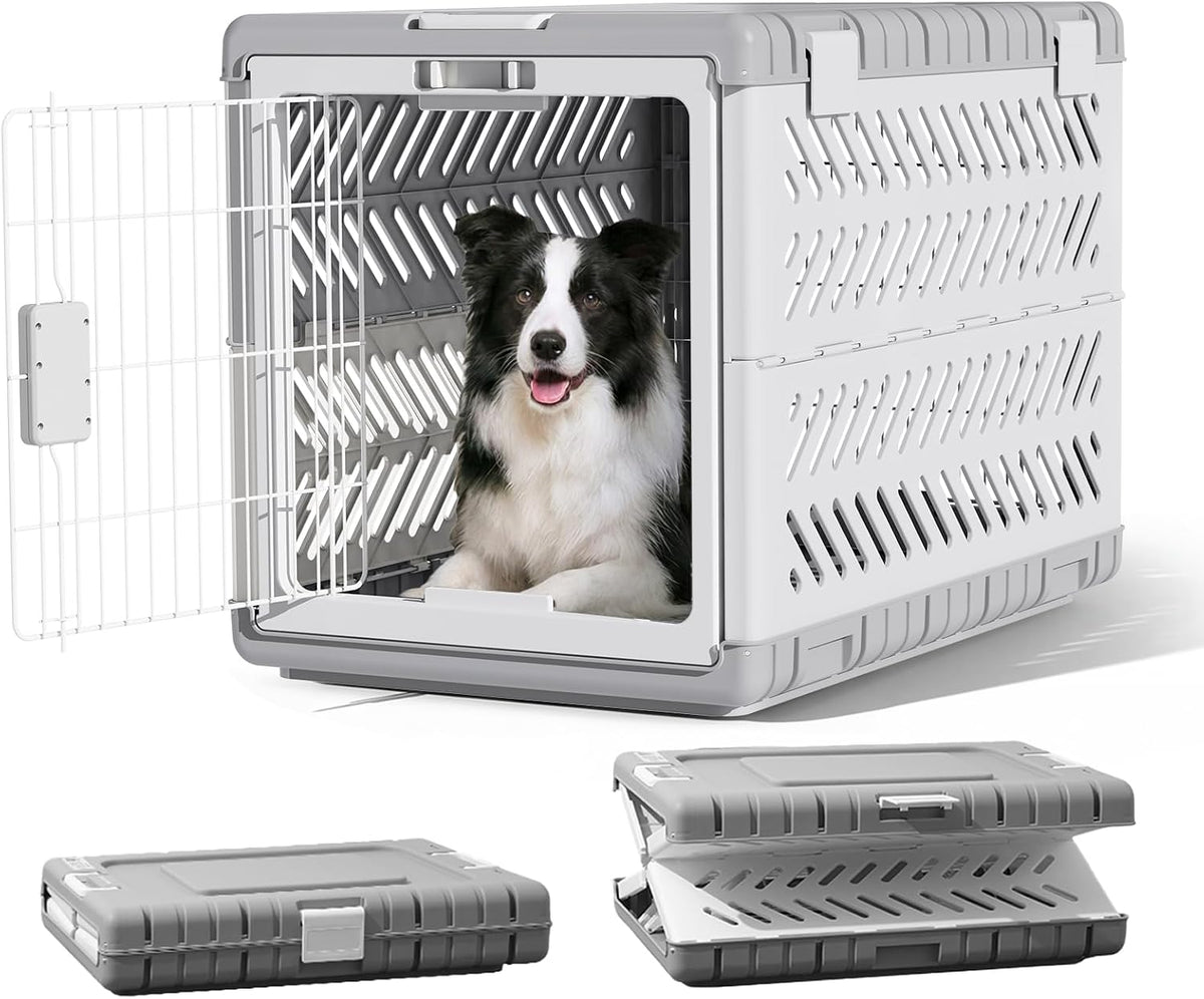 Light grey collapsible dog crate with handle and two wheels