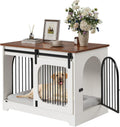 White wooden dog crate furniture with steel bars and three doors