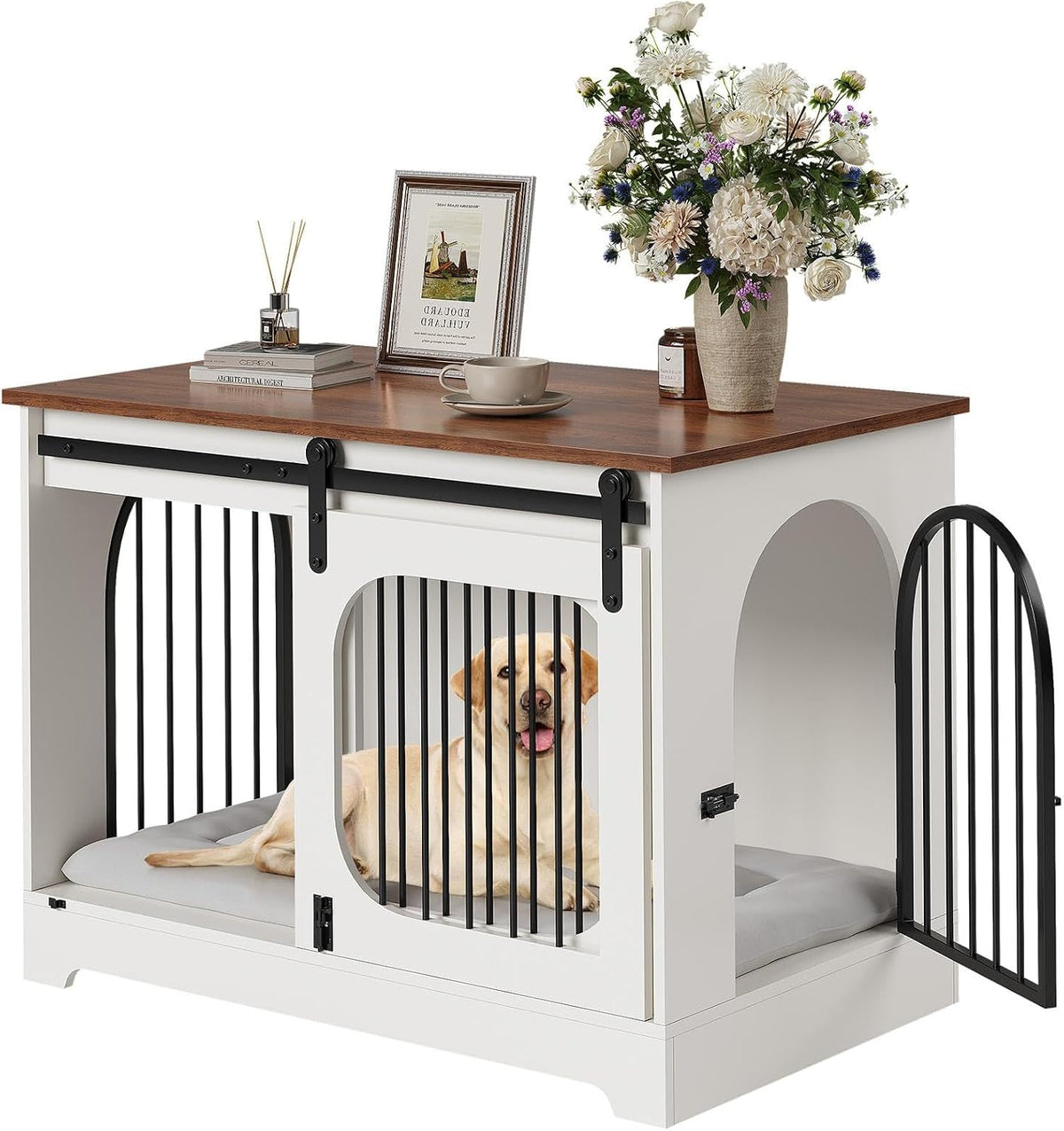 White wooden dog crate furniture with steel bars and three doors