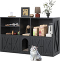 White barn door litter box enclosure with scratch pad and open shelves – view 2