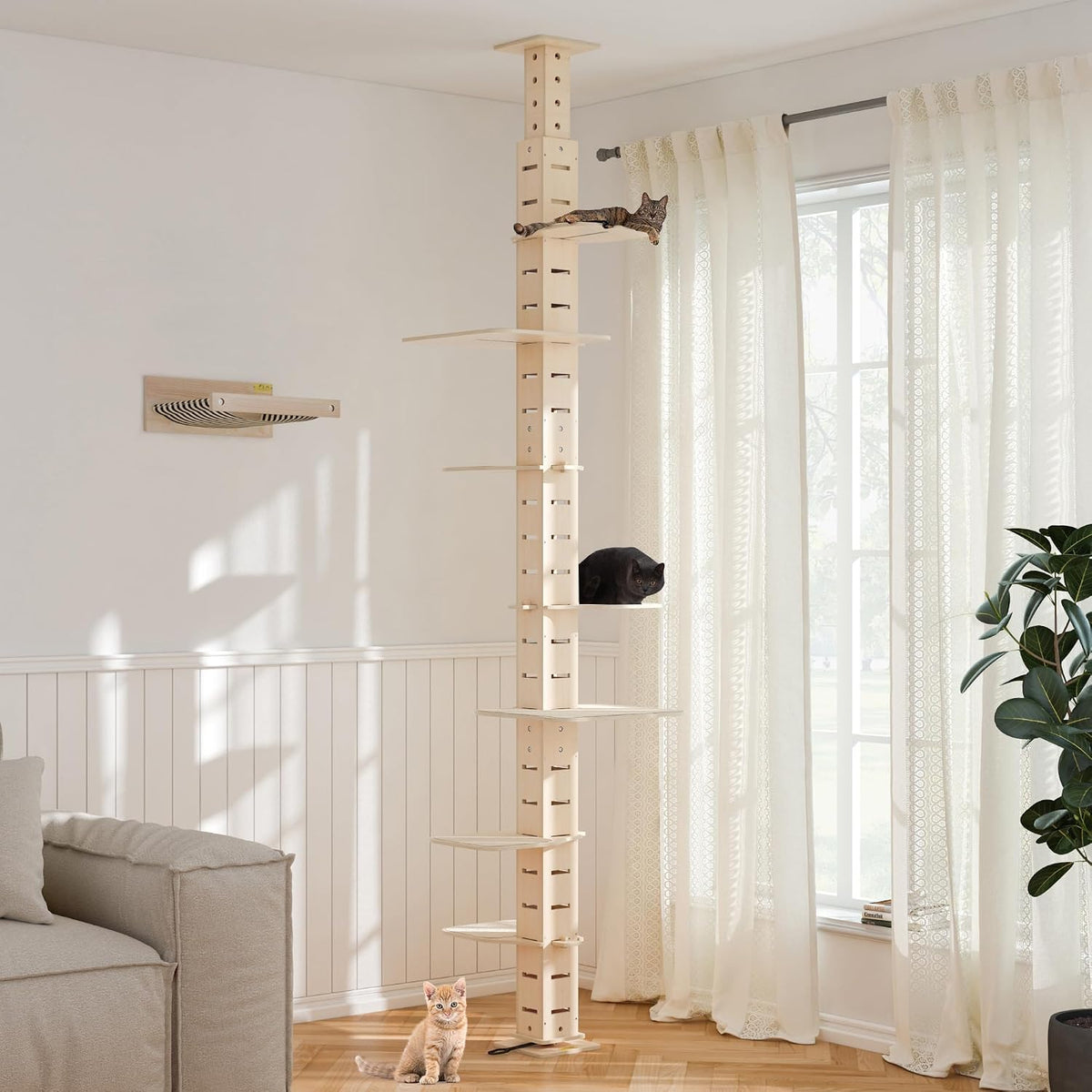 Floor-to-ceiling adjustable height cat climbing tower