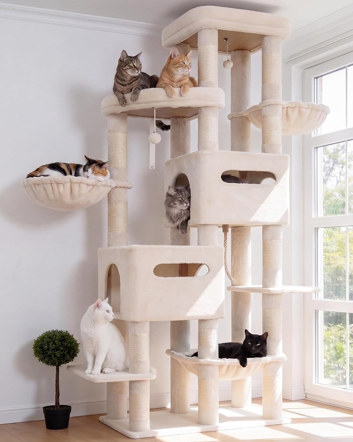 Tall 74.8 inch beige cat tower with top perch, condos and hammock – view 5