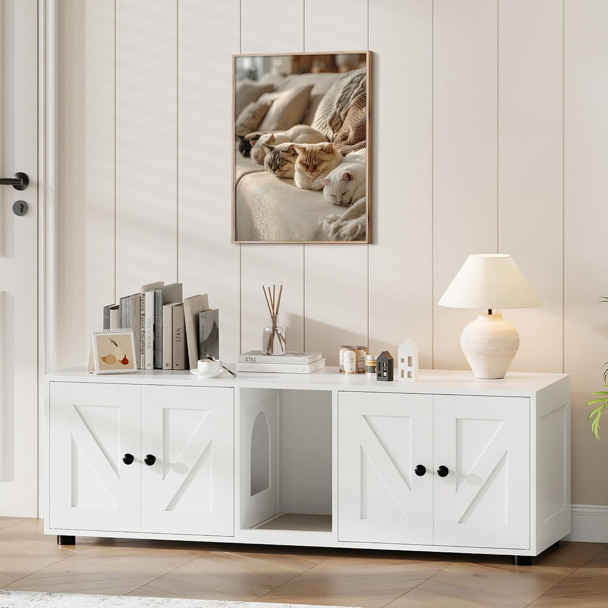White dual litter box cabinet TV stand with storage