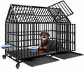 Black 54 inch heavy duty dog crate with two bowls and lockable wheels