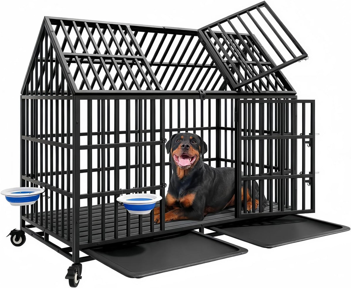 Black 54 inch heavy duty dog crate with two bowls and lockable wheels