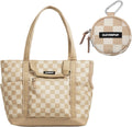 Tan checkerboard dog carrier tote with matching treat pouch