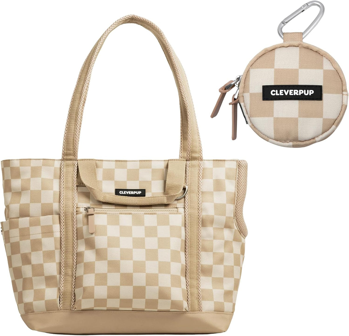 Tan checkerboard dog carrier tote with matching treat pouch