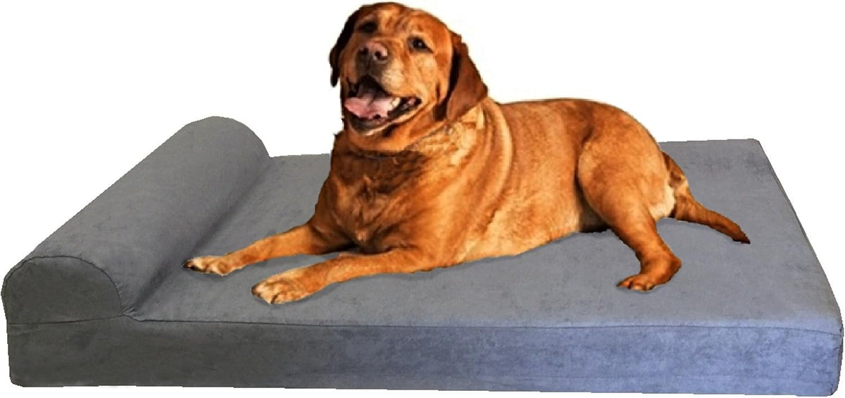 Extra large gel memory foam dog bed with headrest and gray microsuede cover