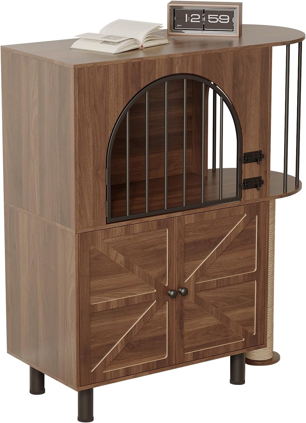 Walnut wooden cat house with feeder, climbing shelves and hideaway
