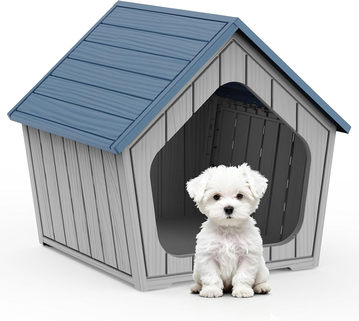 Light blue weatherproof resin dog house with elevated floor – view 4