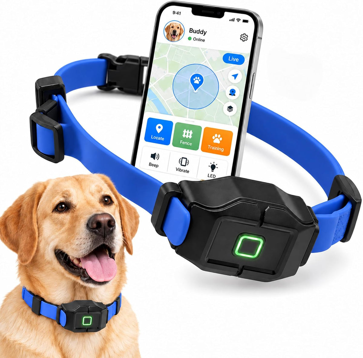Blue GPS wireless dog fence collar with adjustable strap – view 3