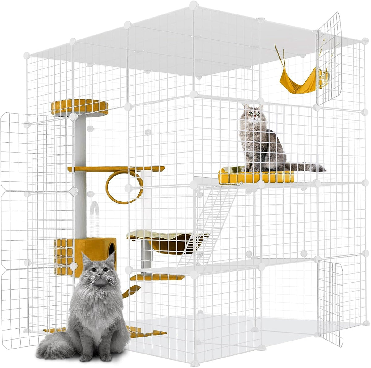 Black metal wire cat cage enclosure with platforms, ladders and six doors