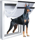 XL aluminum dog door with double magnetic flaps installed in a wood door
