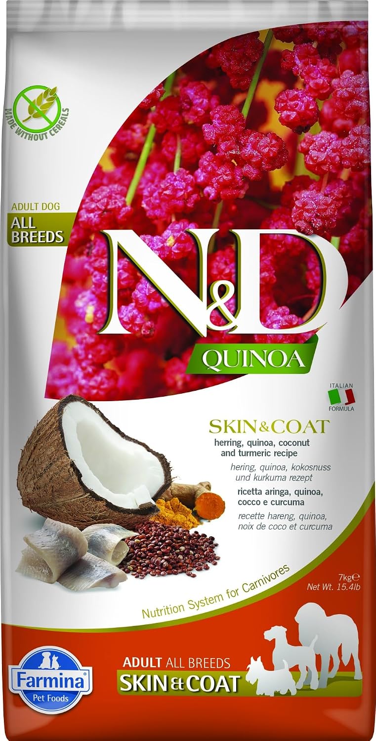 Bag of herring and quinoa dry dog food