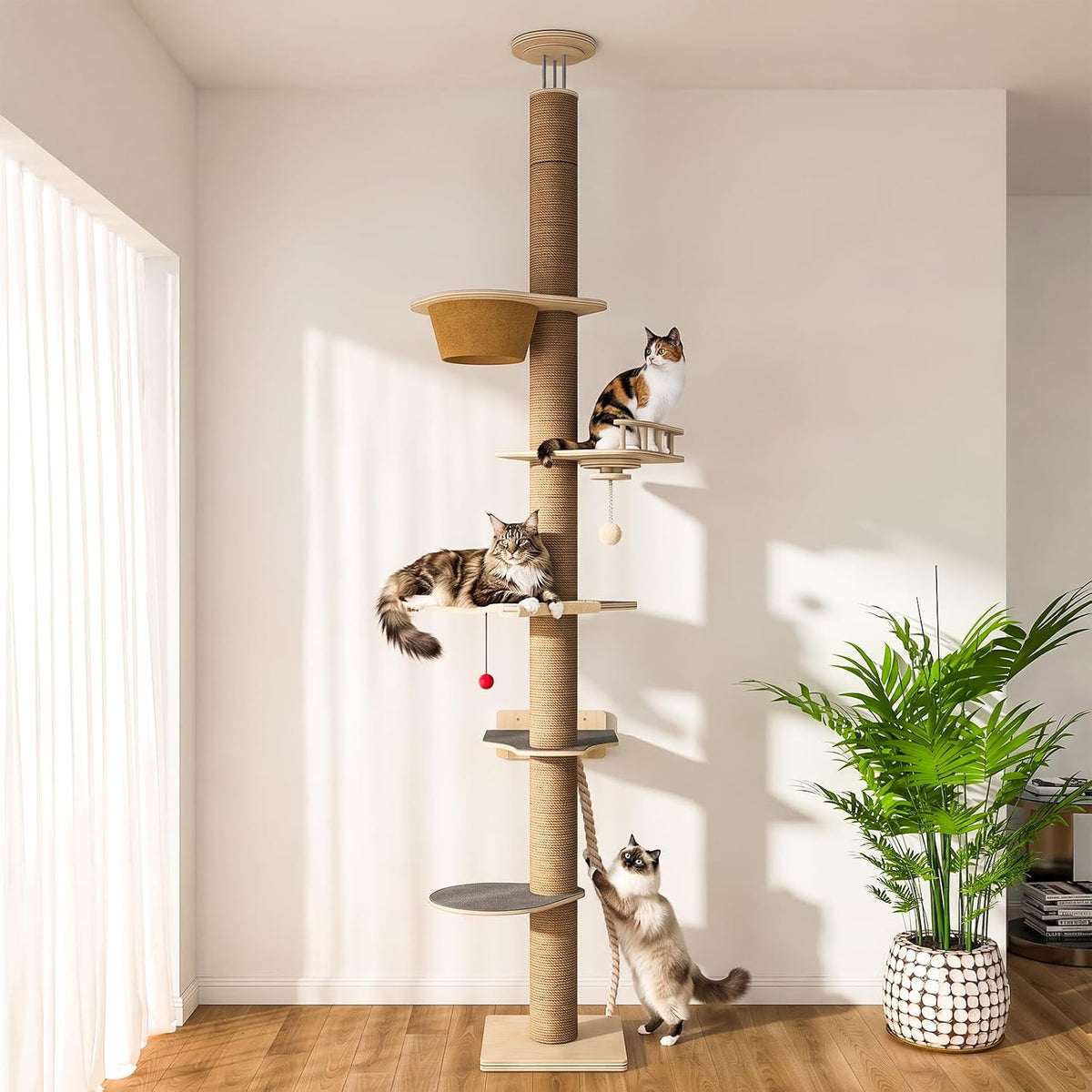 Floor to ceiling cat tower with hammock, perches and scratching post