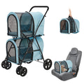 Blue double-decker pet stroller with two detachable carriers and four wheels – view 3