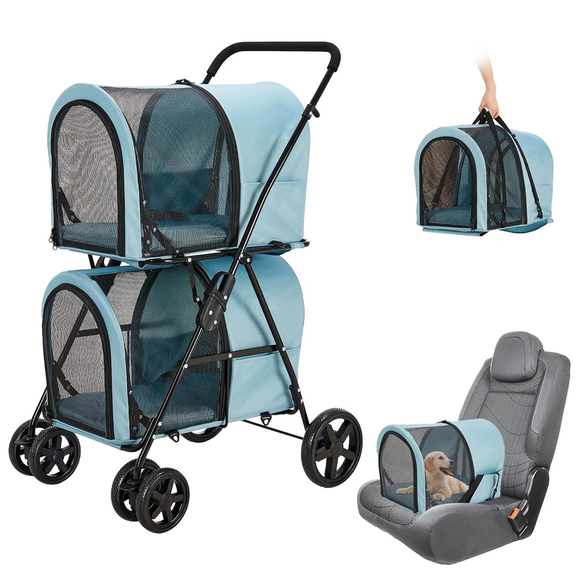 Blue double-decker pet stroller with two detachable carriers and four wheels – view 3