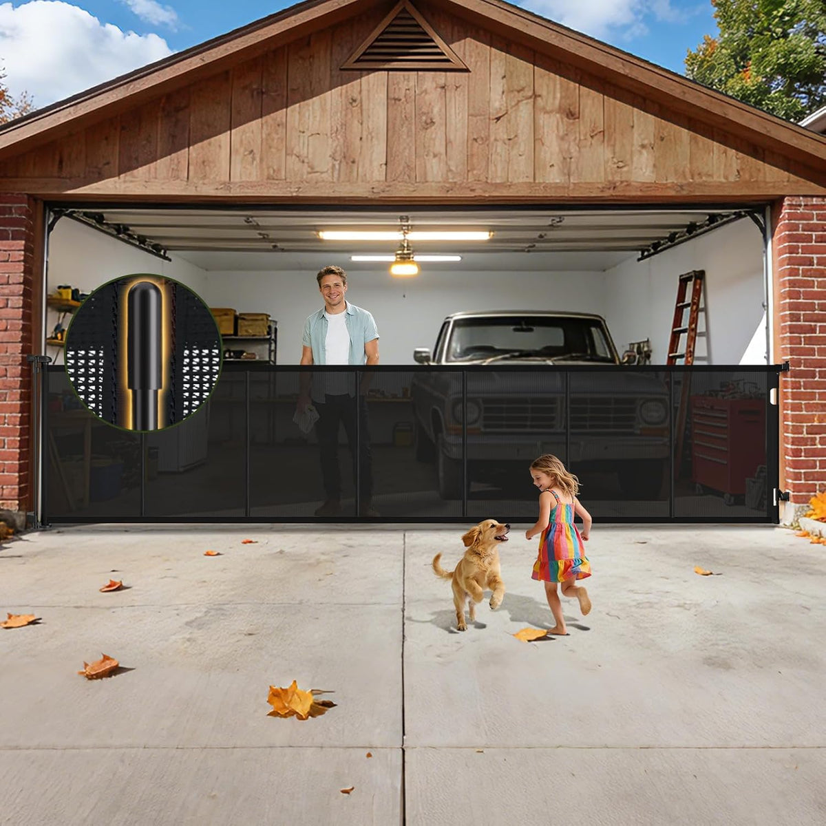 Black retractable mesh dog gate stretched across a wide indoor opening